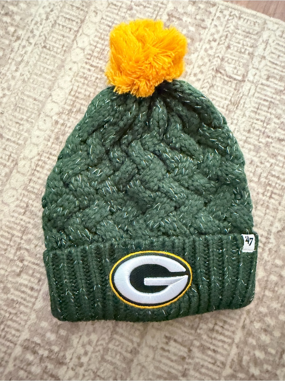 ’TWO 47 Green Knit Pom Beanie with Yellow Pom and G Logo